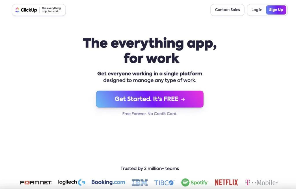 ClickUp のトップページ。あらゆる業務を単一のプラットフォームで管理するという製品コンセプトを掲げ、導入企業のロゴを並べた画面
