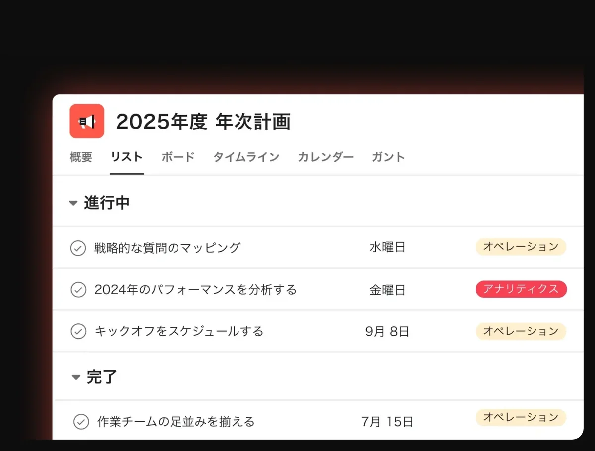 Asana公式サイトのプロジェクト管理画面