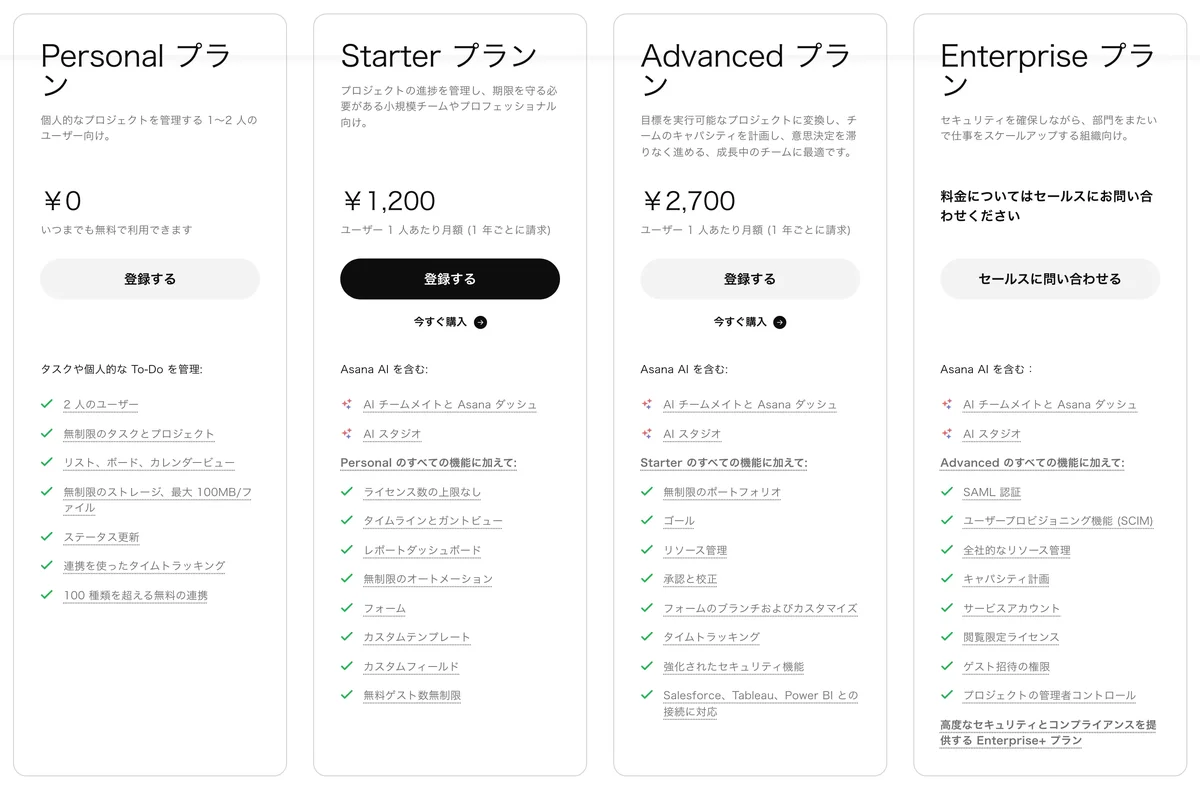 Asana公式サイトの料金プラン画面