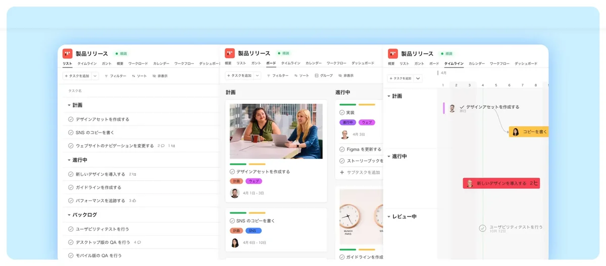 Asana公式サイトのプロジェクトビュー画面