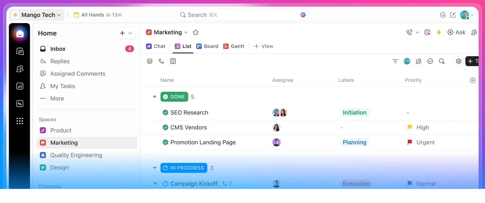 ClickUp のリストビュー。DONE / IN PROGRESS のグループにタスク行が並び、Assignee・Labels・Priority 列を表示