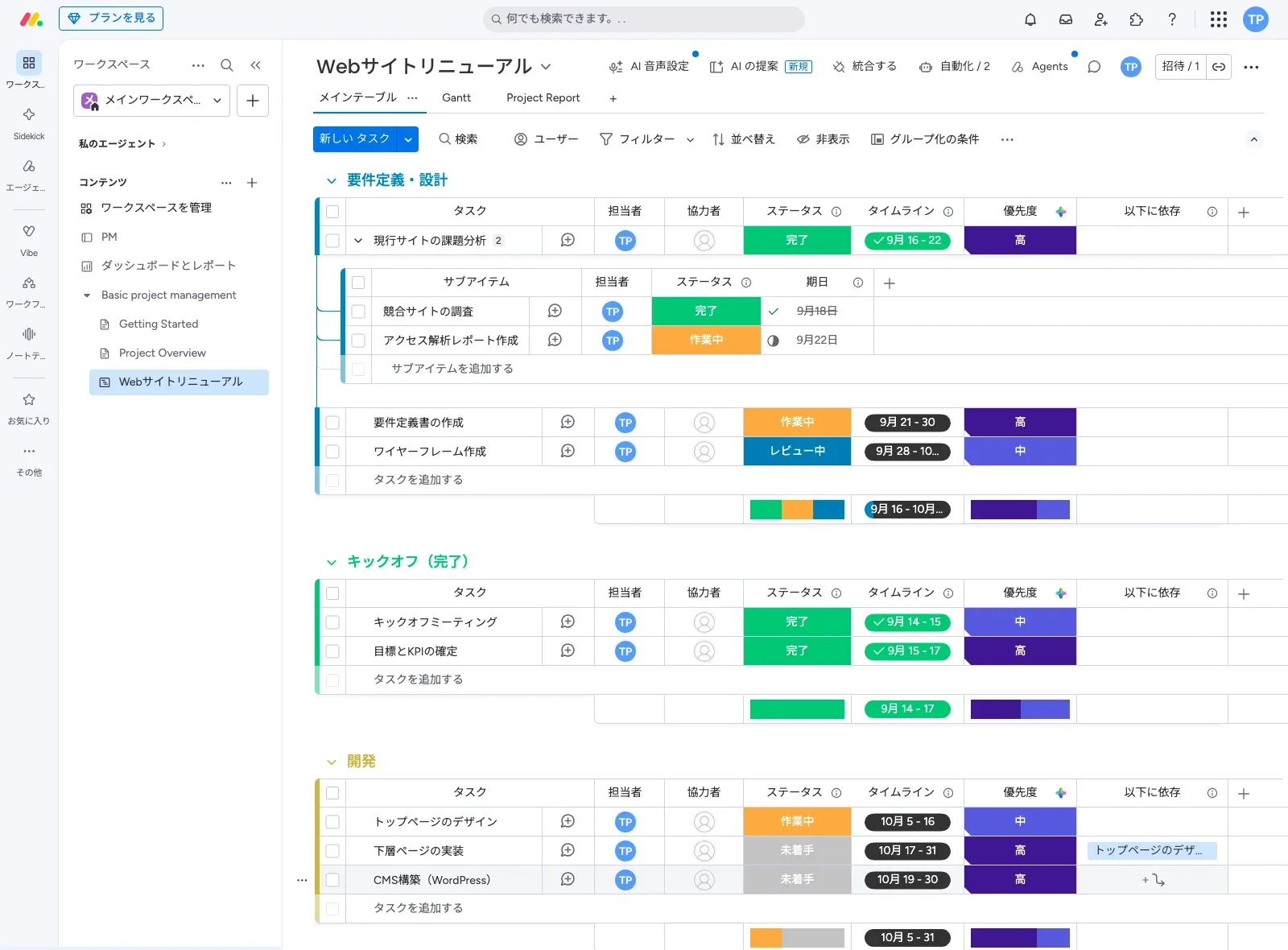 monday.com のボード画面。要件定義・設計、キックオフ、開発のグループにタスク行が並び、担当者・ステータス・タイムライン・優先度・依存関係の列とサブアイテムを表示