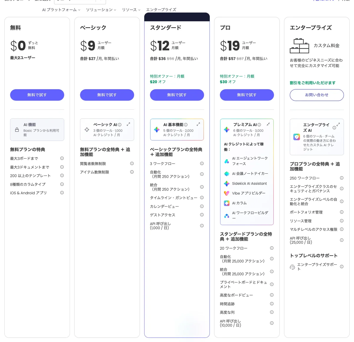 monday.com公式サイトの料金プラン画面