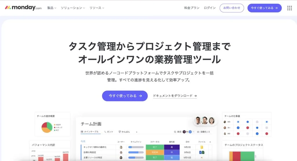 monday.com 日本語版のトップページ。タスク管理からプロジェクト管理までを一つのツールで扱えると紹介し、画面下部にチーム計画ボードの例を表示