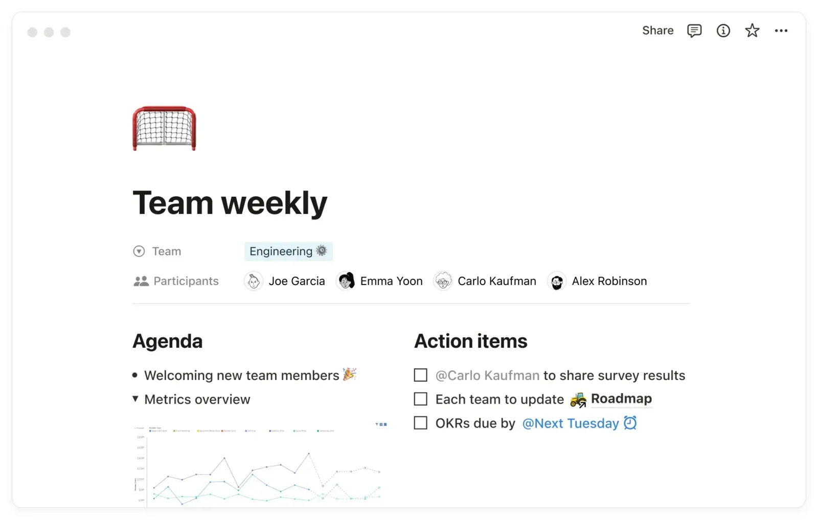 Notion のドキュメント画面。週次ミーティングのページに参加者、Agenda、担当者付きの Action items チェックリスト