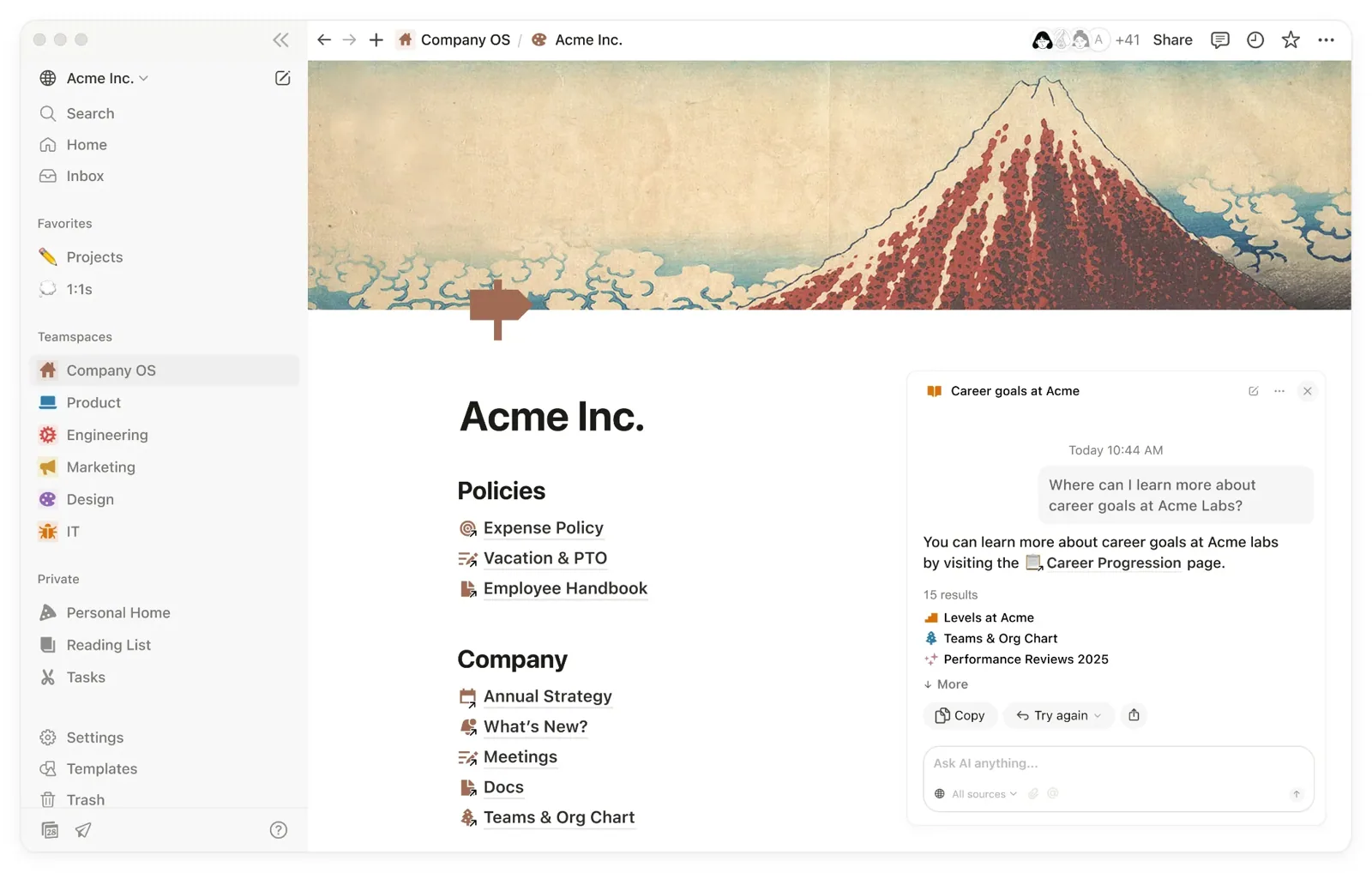 Notion の社内Wikiページ。左に Teamspaces のサイドバー、本文に Policies / Company のページ一覧、右に Notion AI の質問パネル